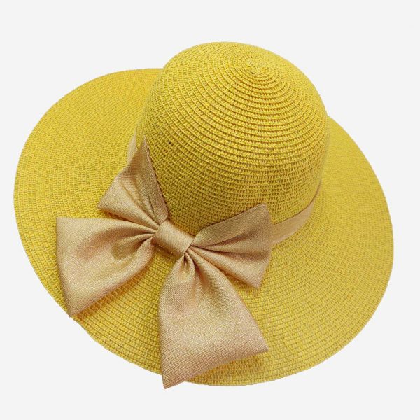 کلاه ساحلی زنانه زرد پاپیون دار