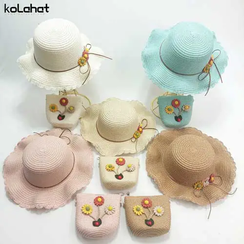 ست کیف و کلاه ساحلی کنفی گل دار - عمده (KLT-2826)