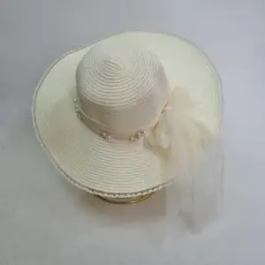 کلاه ساحلی زنانه لبه بلند پاپیون توری - عمده (KLT-3079)