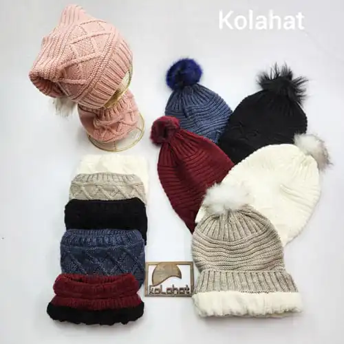 کلاه و شال گردن شیطونی بافت پوم دار